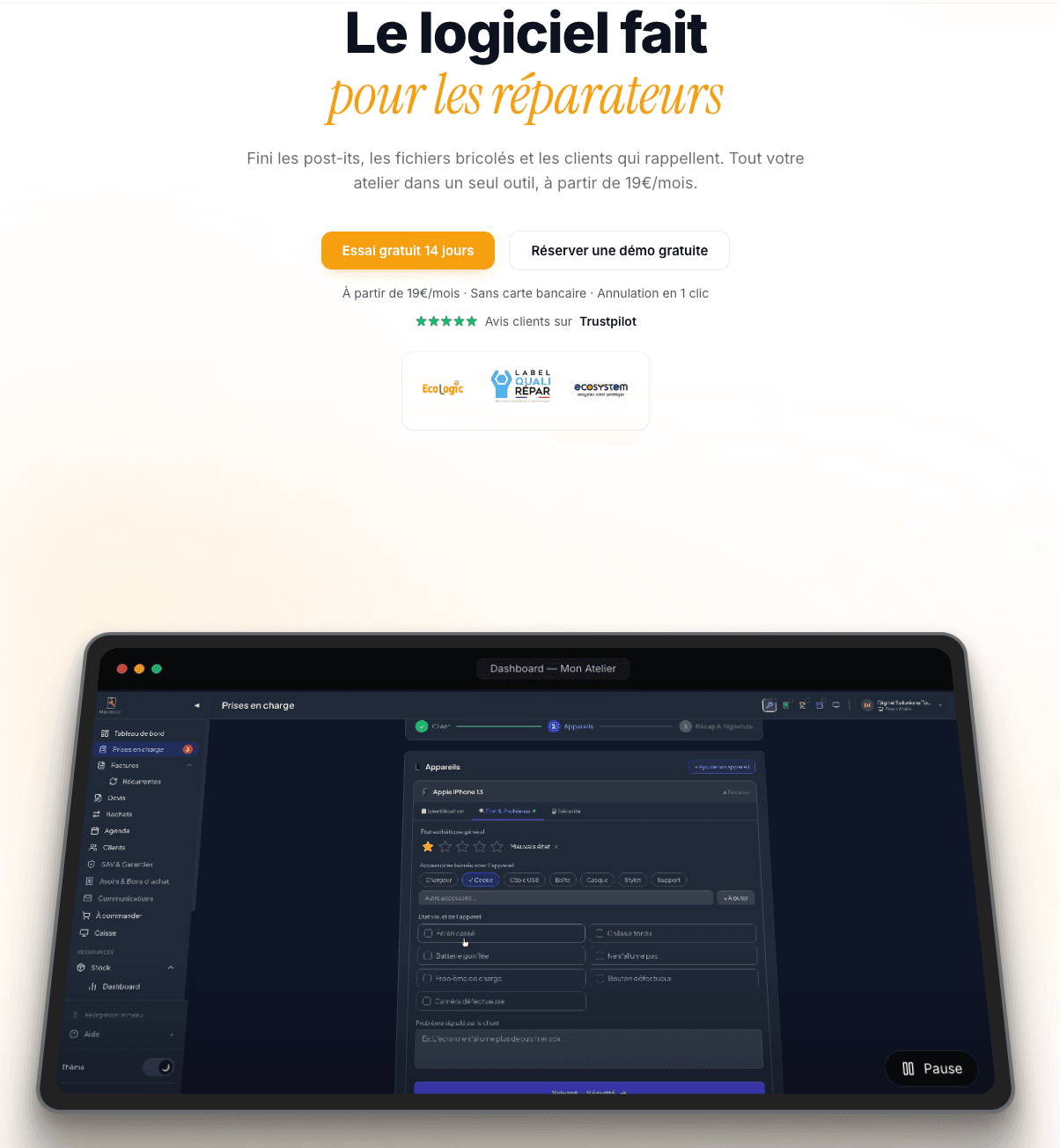 Capture d'écran de monatelier.net — SaaS de gestion pour ateliers de réparation